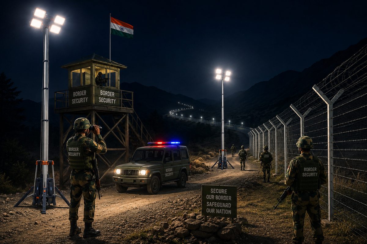 Litenza light tower illuminating a border security checkpoint at night