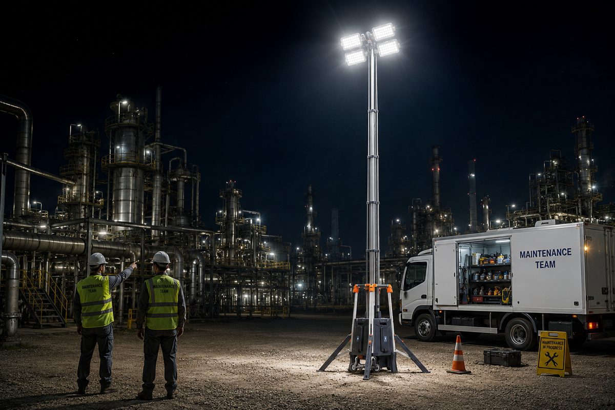 Portable light tower at an industrial plant during night maintenance work