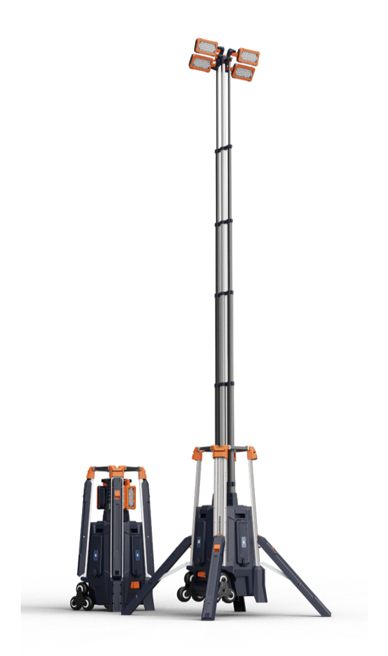 Litenza LI-500 portable light tower, deployed and folded